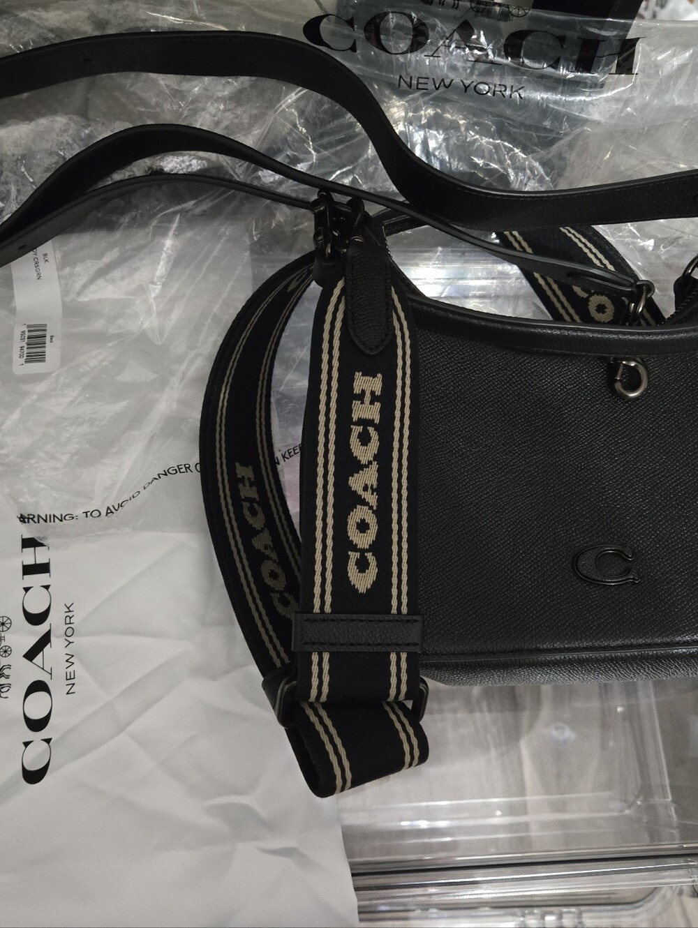 Coach Black Leather Crossbody with Branded Cream-Accent Strap